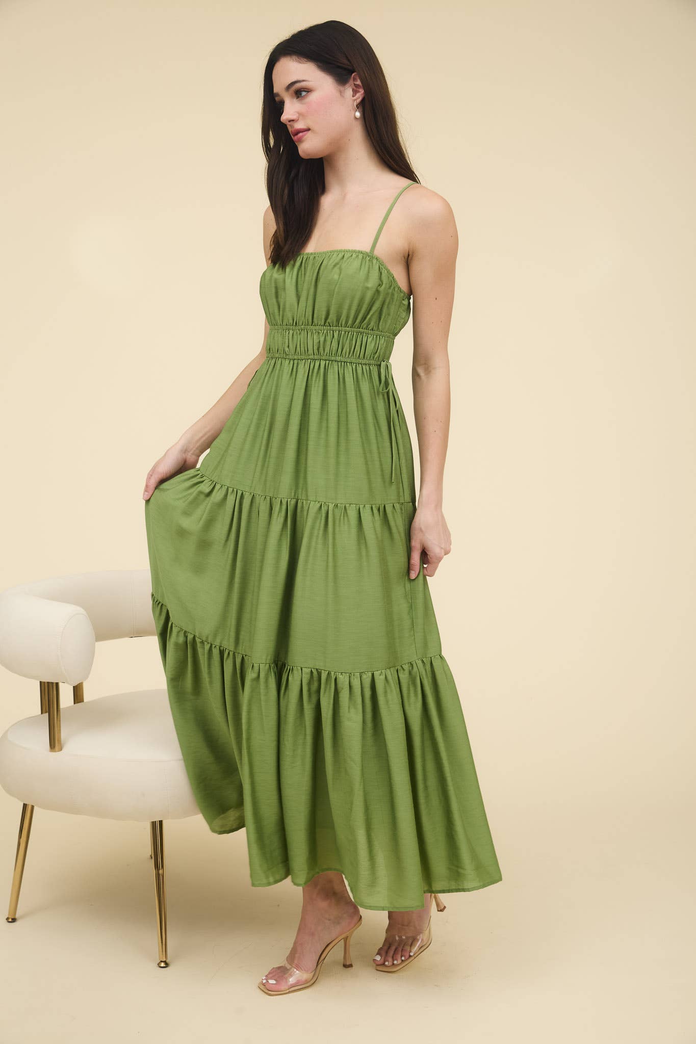 WAIST TIE SHIRRED TIERED MIDI DRESS