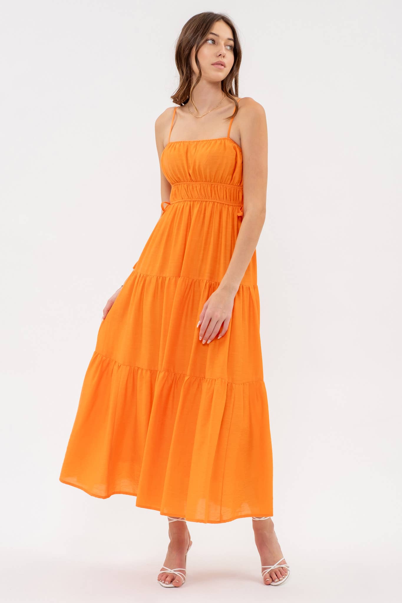 WAIST TIE SHIRRED TIERED MIDI DRESS