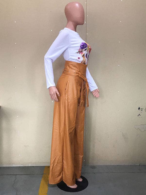 High Waisted Wide Leg Belted Solid Color Zipper Pants Trousers