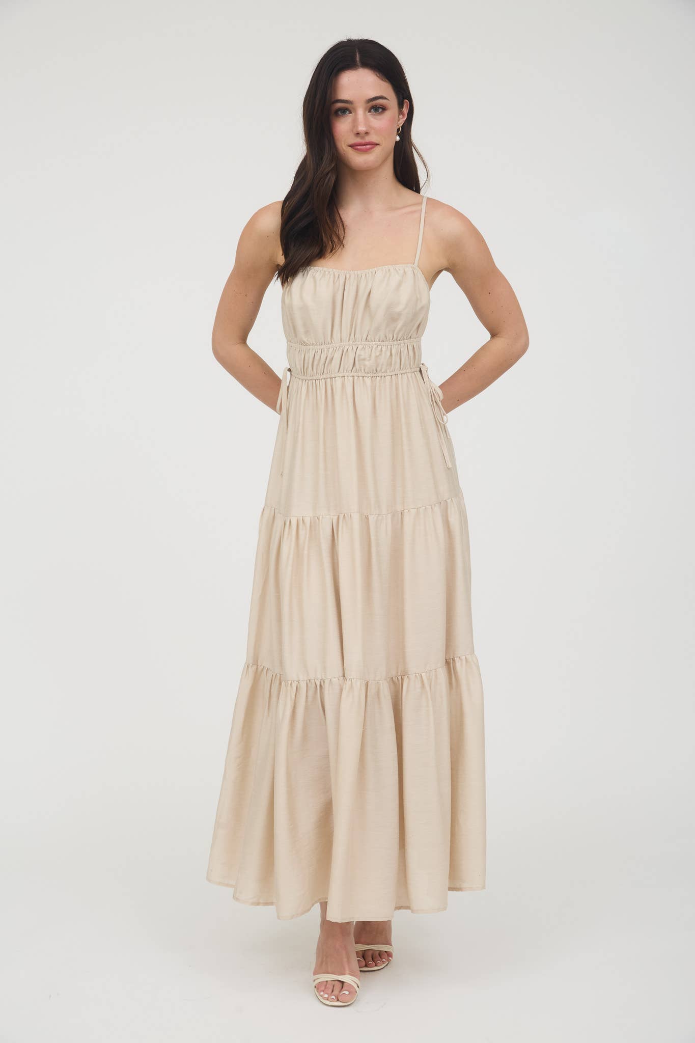 WAIST TIE SHIRRED TIERED MIDI DRESS