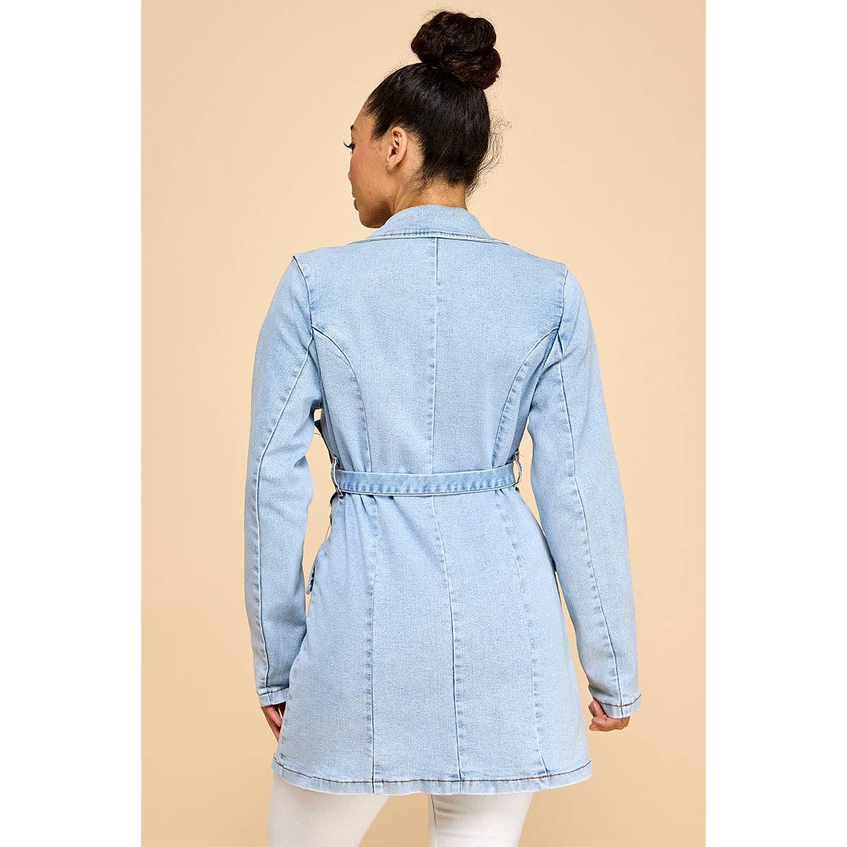 Distressed Patch Detail Tie Waist Denim Blazer Jacket