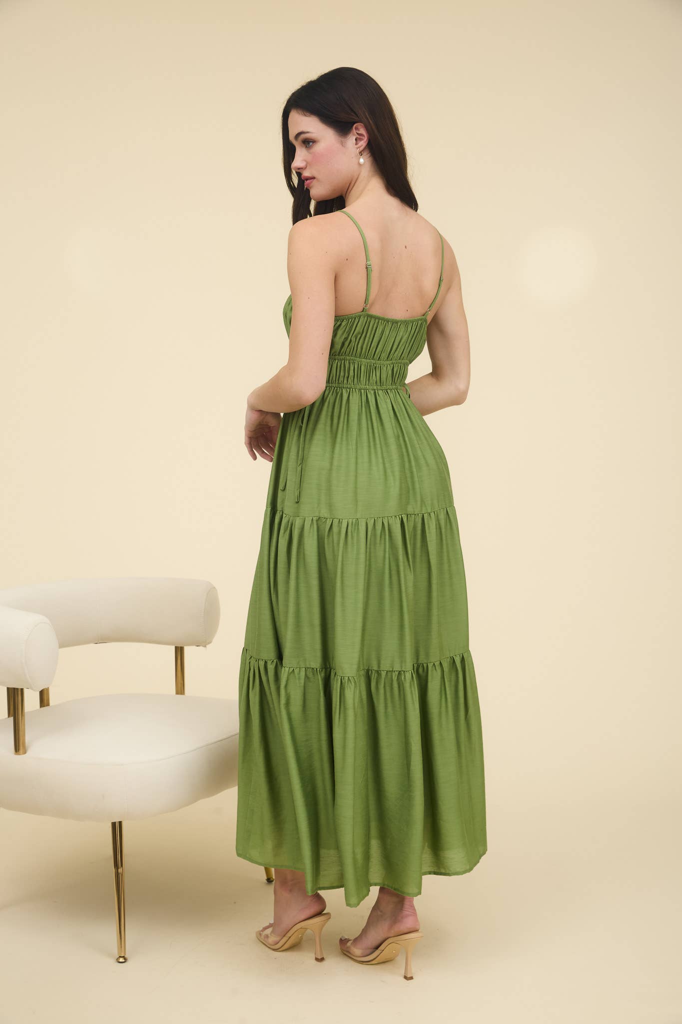 WAIST TIE SHIRRED TIERED MIDI DRESS