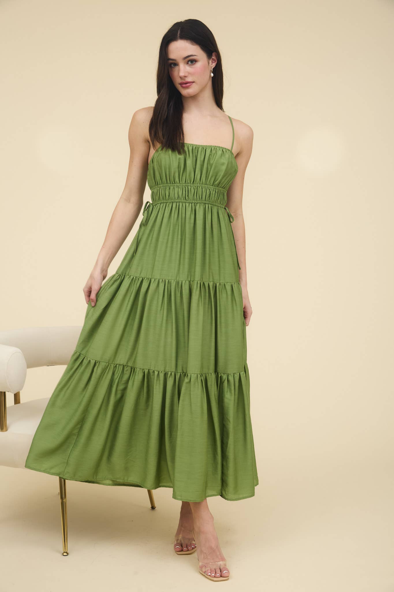 WAIST TIE SHIRRED TIERED MIDI DRESS
