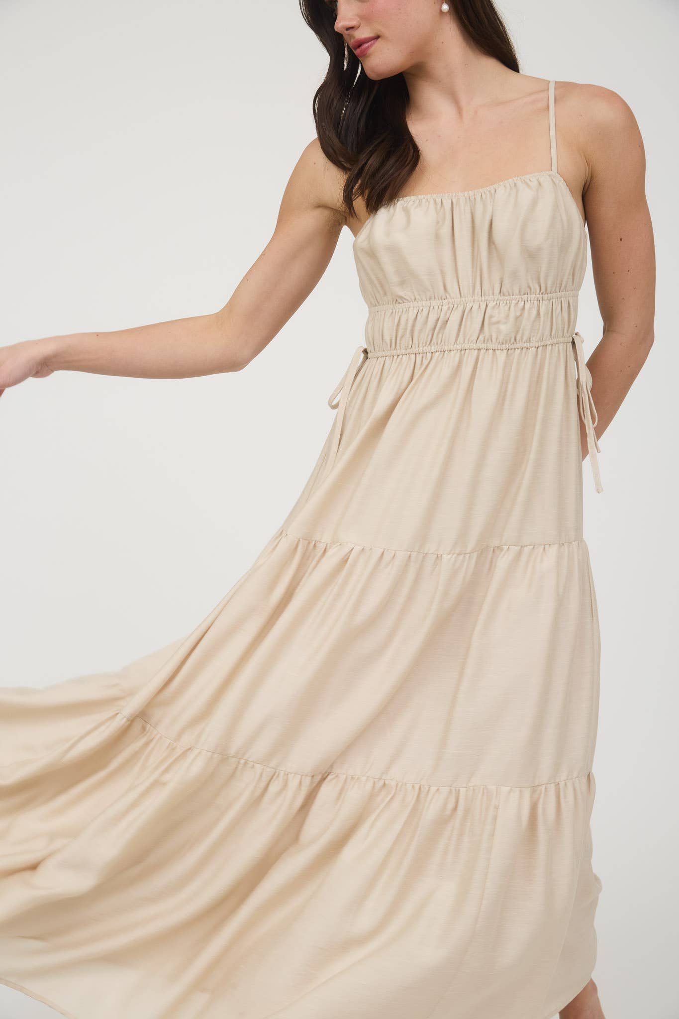 WAIST TIE SHIRRED TIERED MIDI DRESS