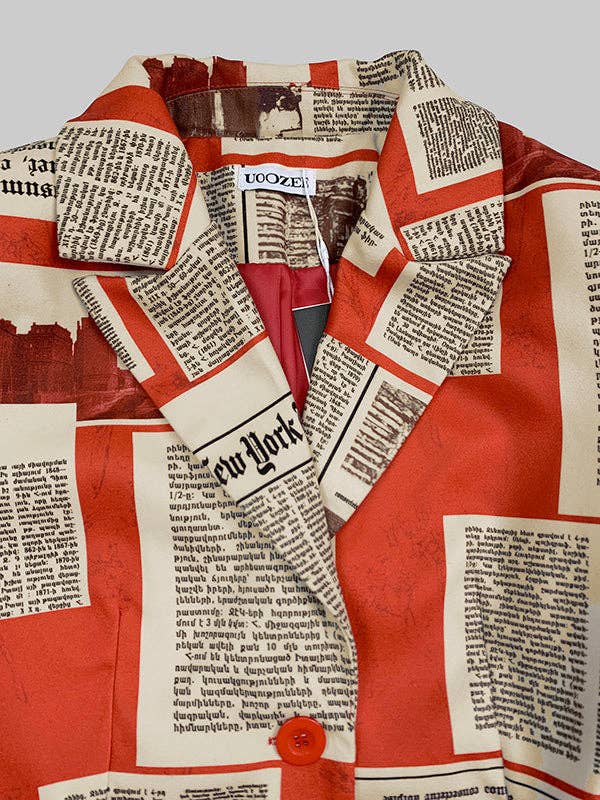 Long Sleeves Loose Buttoned Newspaper Print Pockets Split-Joint Notched Collar Blazer Outerwear