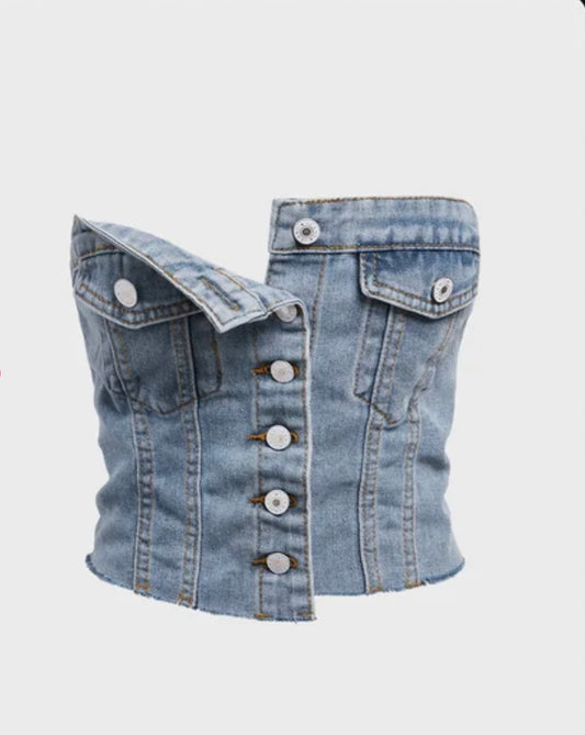 Denim button-down top