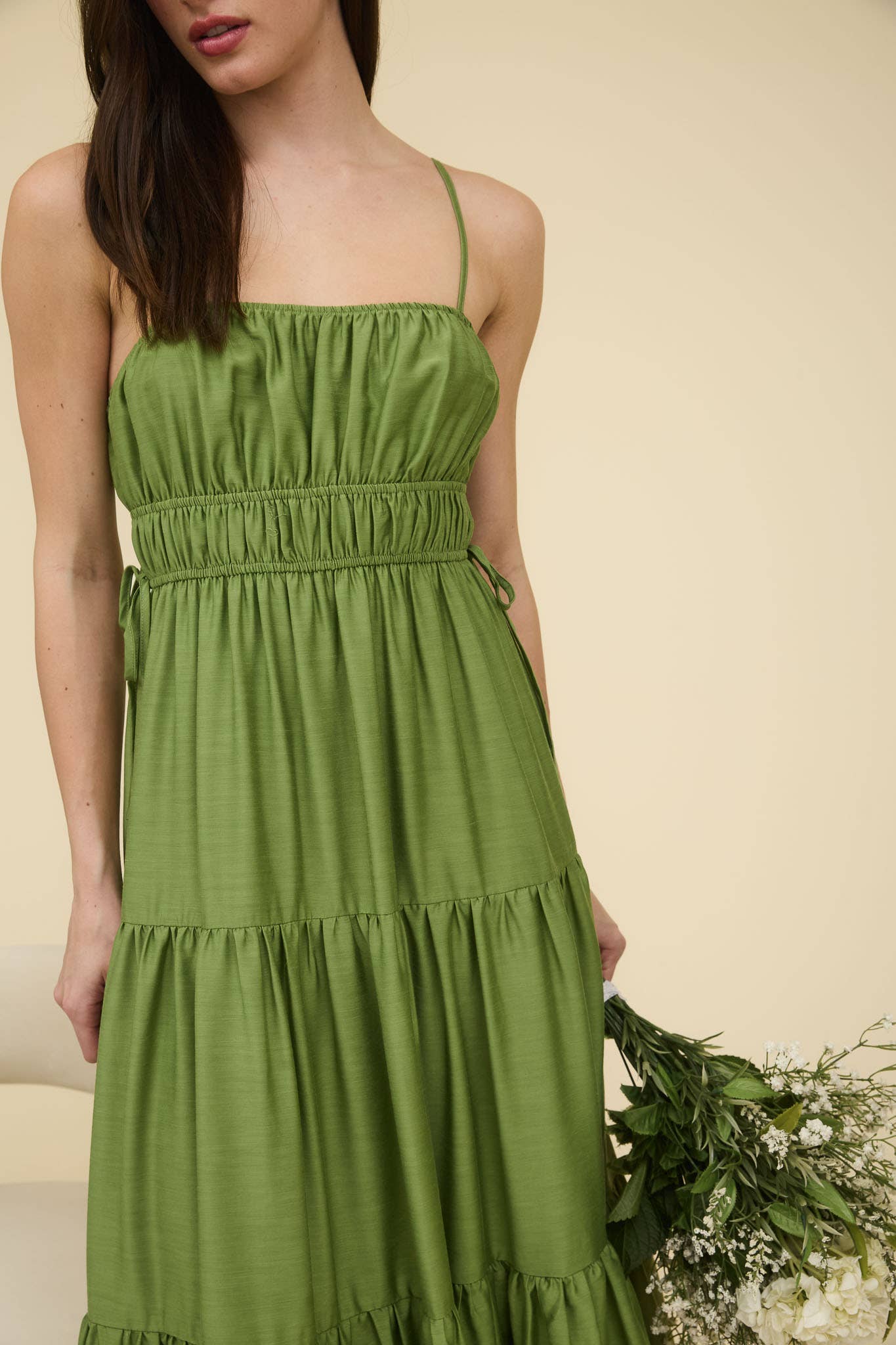 shirred tiered midi dress Shirred Bodice Tiered Peasant Midi Dress