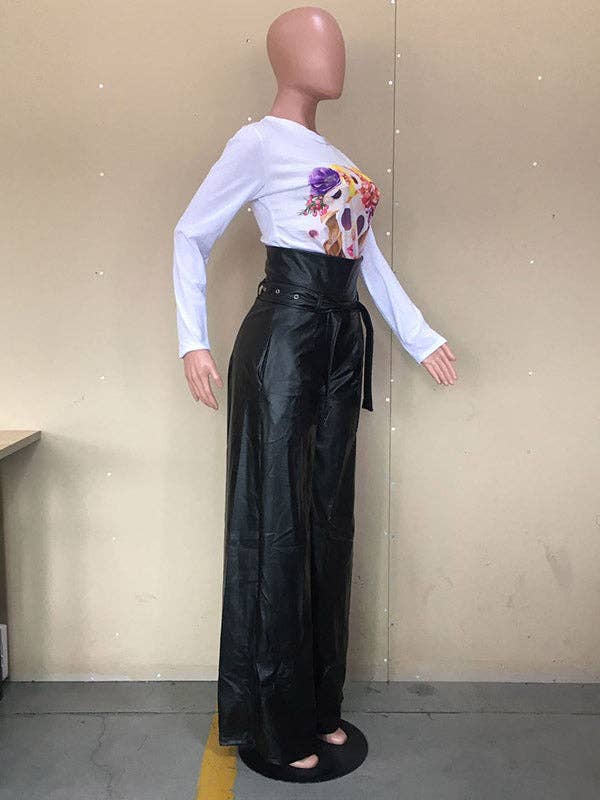 High Waisted Wide Leg Belted Solid Color Zipper Pants Trousers