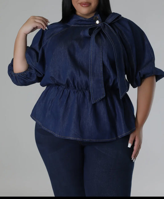 Short Sleeve Mock Neck Denim Top