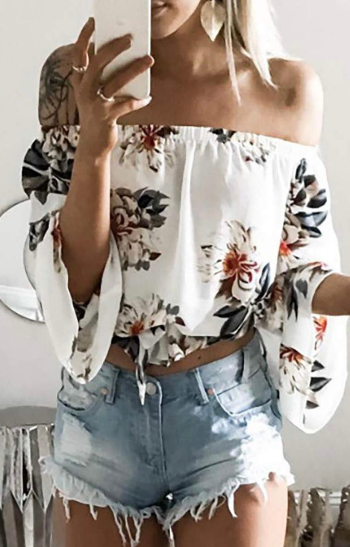 Off Shoulder Floral Bell Sleeve Top