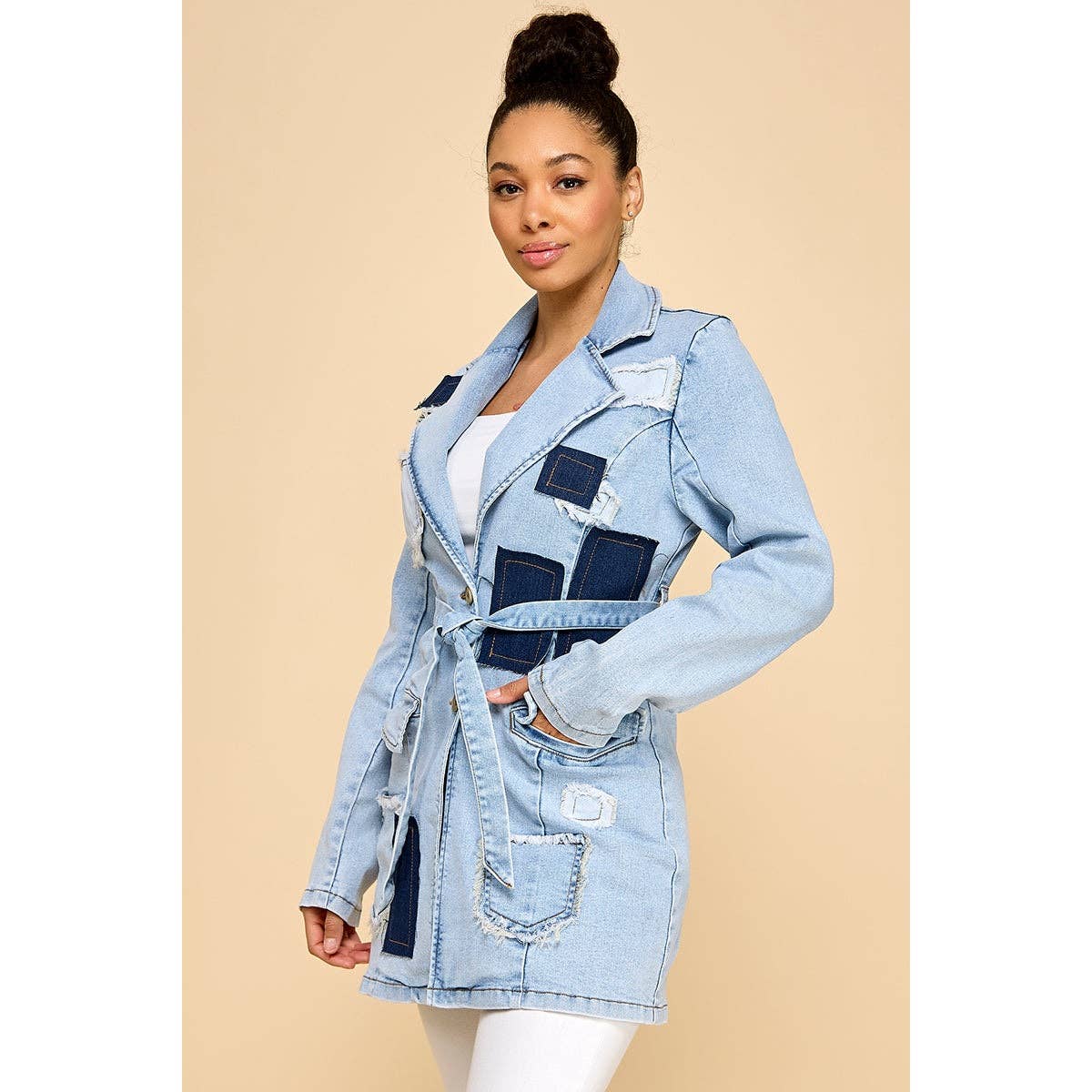 Plus Size Distressed Patch Detail Tie Waist Denim Blazer Jac