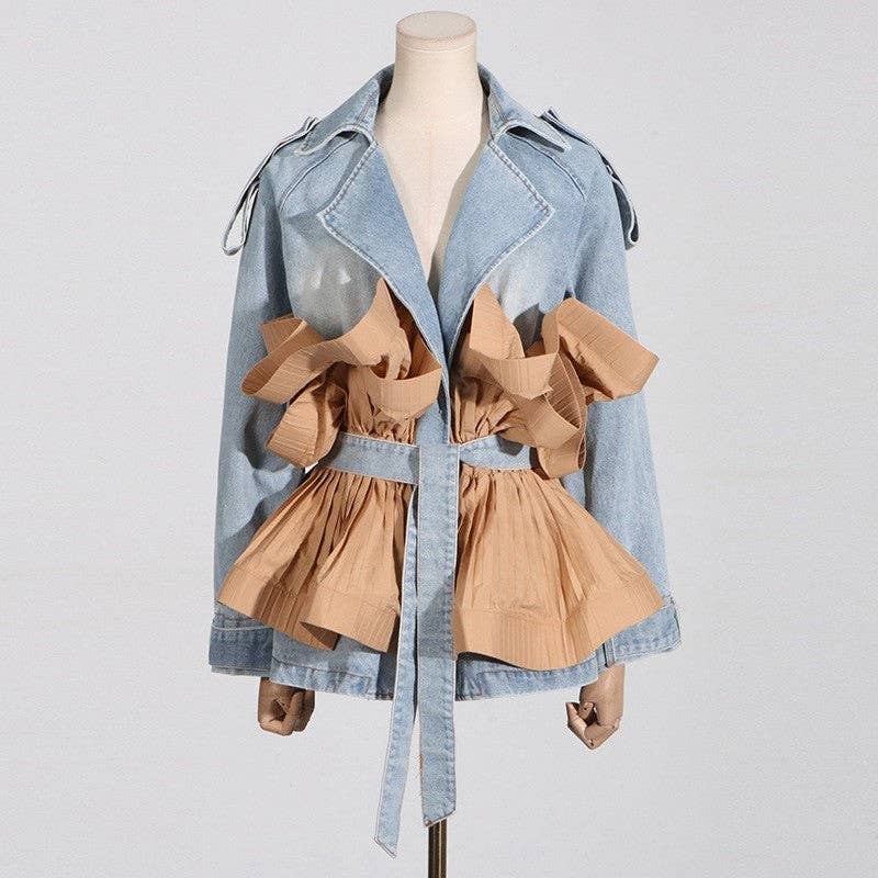 Women's Denim Jacket With Contrast Lapel And Ruffle Hem