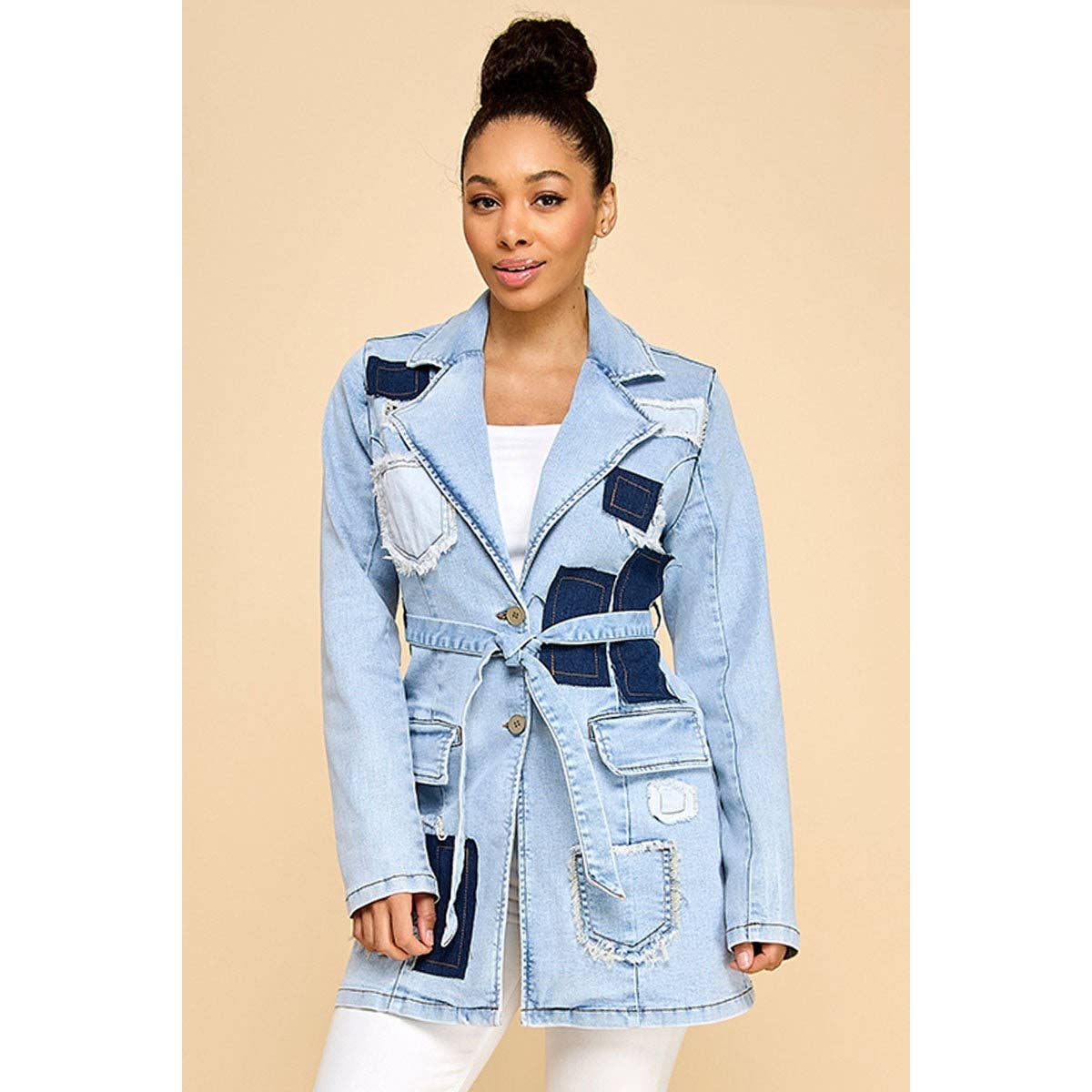 Plus Size Distressed Patch Detail Tie Waist Denim Blazer Jac