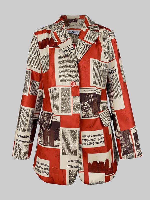 Long Sleeves Loose Buttoned Newspaper Print Pockets Split-Joint Notched Collar Blazer Outerwear