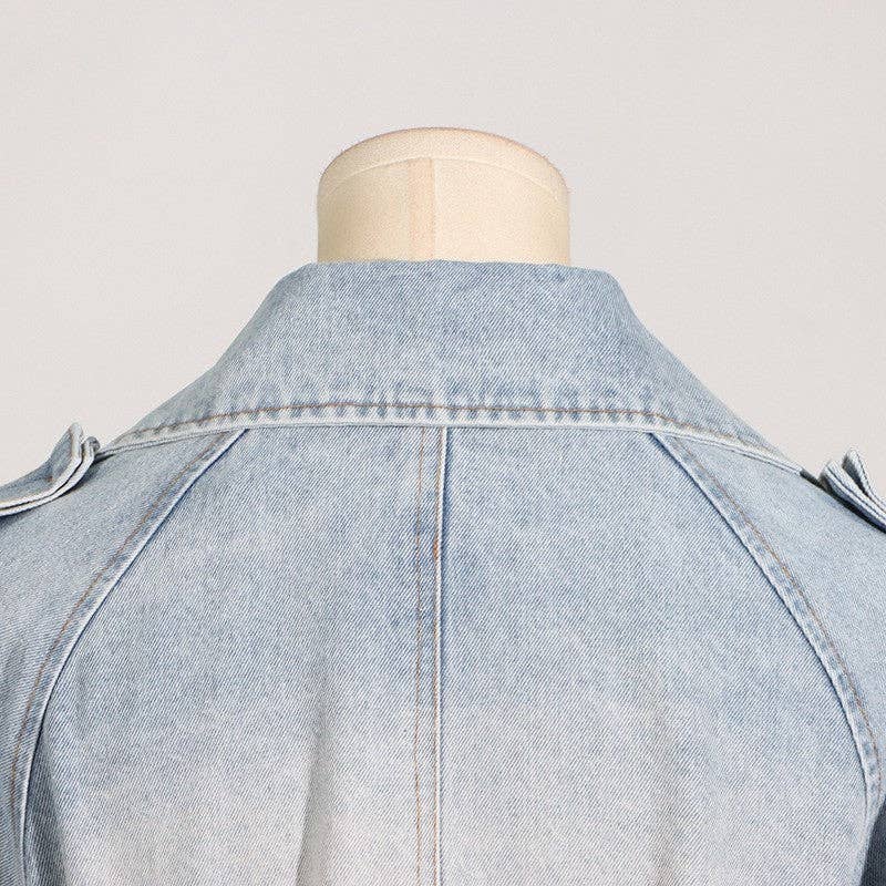 Women's Denim Jacket With Contrast Lapel And Ruffle Hem