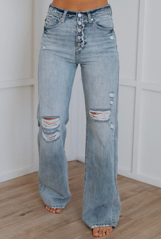 Light Colored Straight Tube Mid Waist Button Up Ripped Jeans