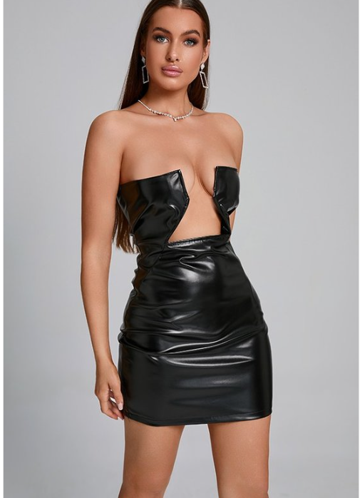 Sexy Black PU Leather Strapless Low Cut Dress