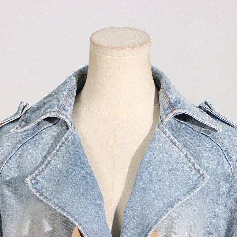 Women's Denim Jacket With Contrast Lapel And Ruffle Hem