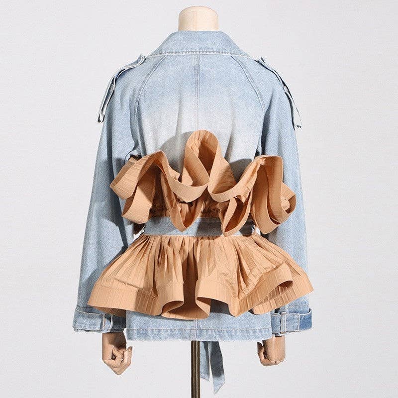 Women's Denim Jacket With Contrast Lapel And Ruffle Hem