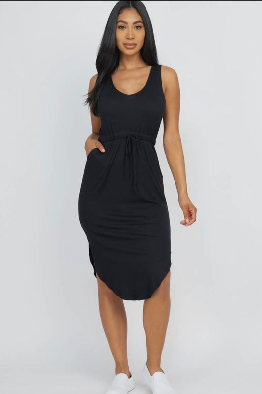 Drawstring sleeveless midi shirt dress with pockets