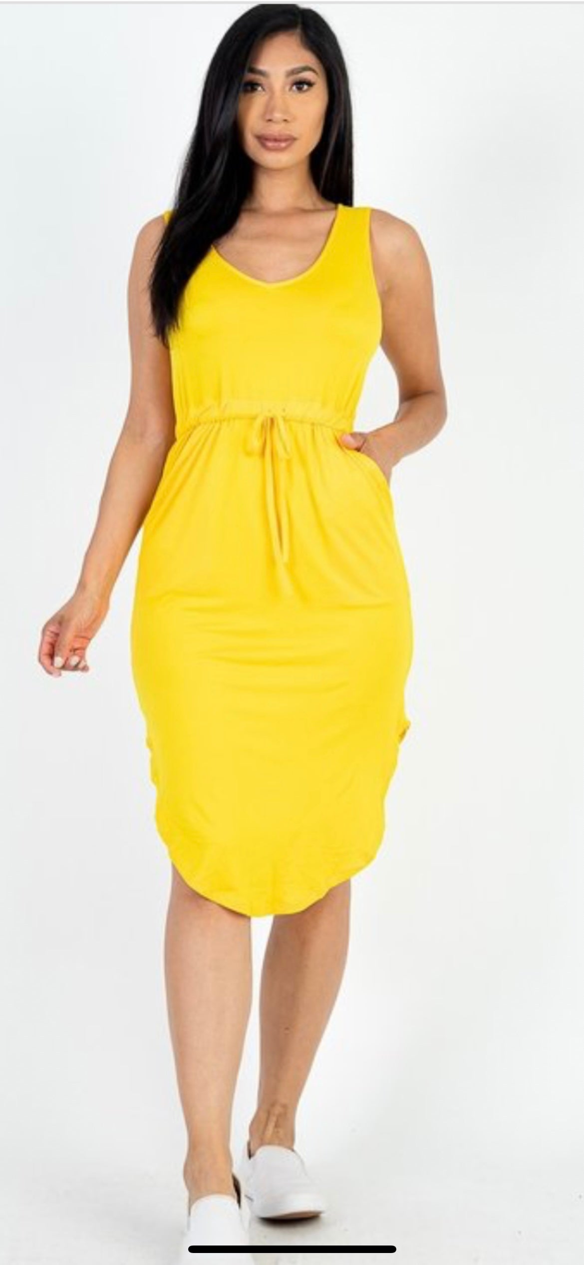 Drawstring sleeveless midi shirt dress with pockets